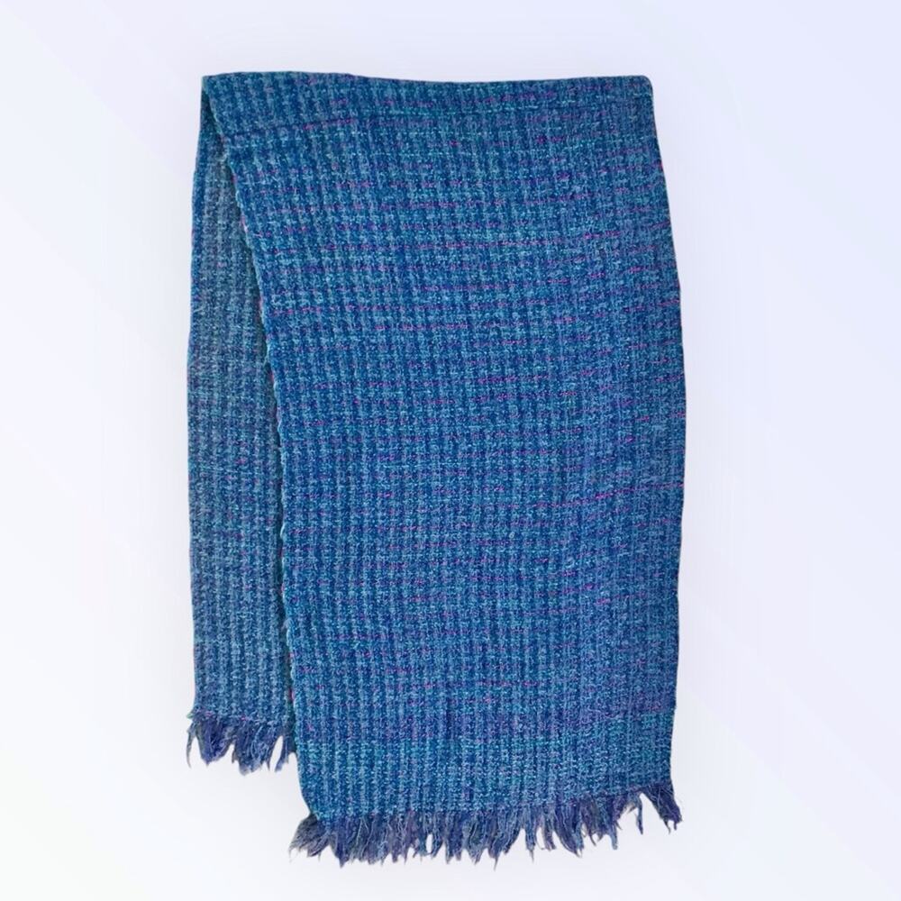 Vintage Scotland Mohair Teal Blue & Pink Wrap Large 68" x 18" Size